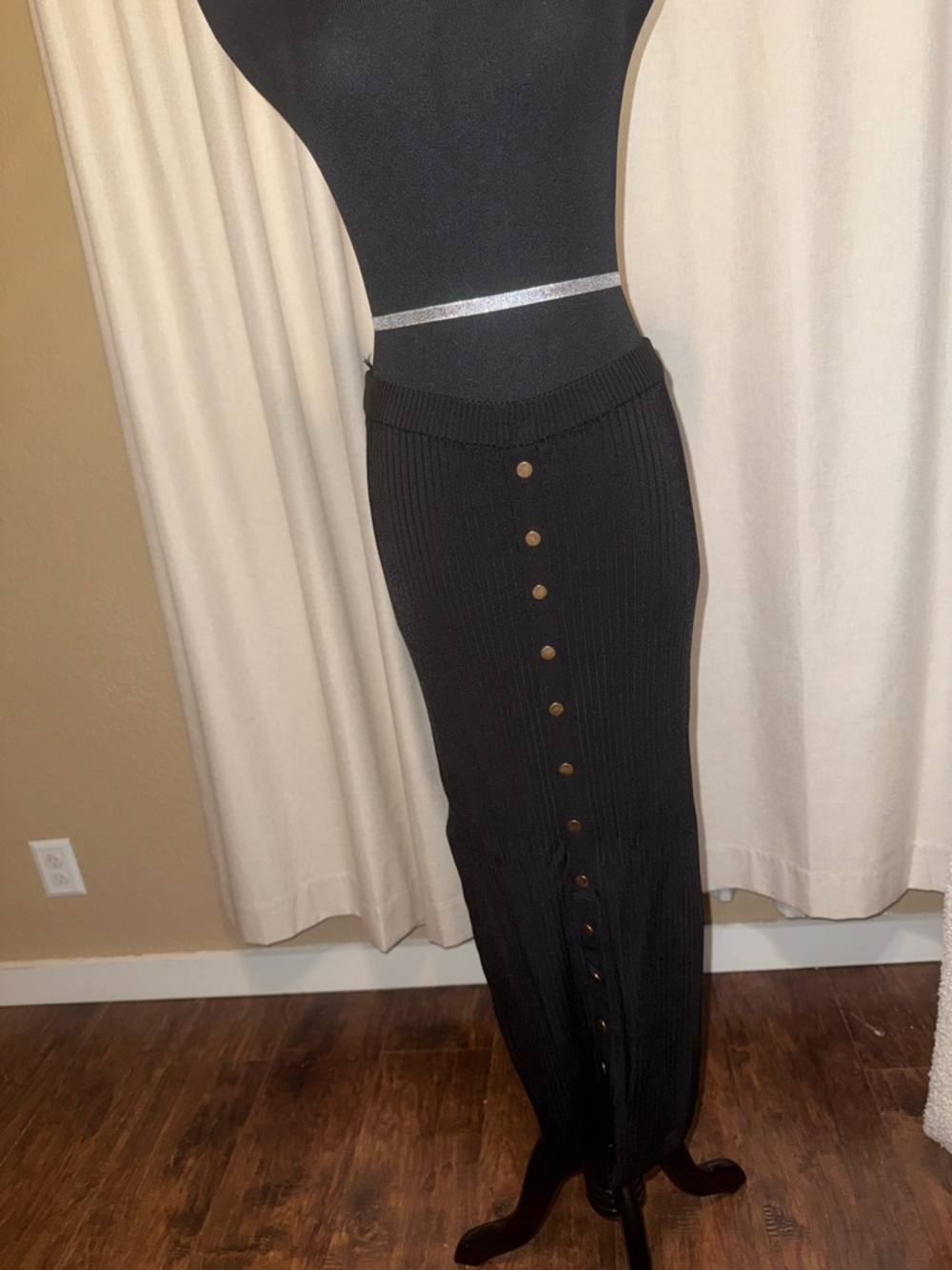 JLUXLABEL Black Ribbed Maxi Skirt with Gold Buttons